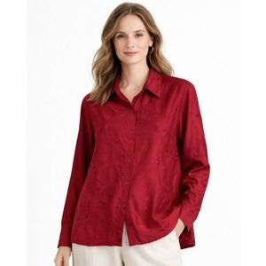 SILKLAND Women's Red Embroidered Button Down Silk Blouse Shirt Top Size‎ L